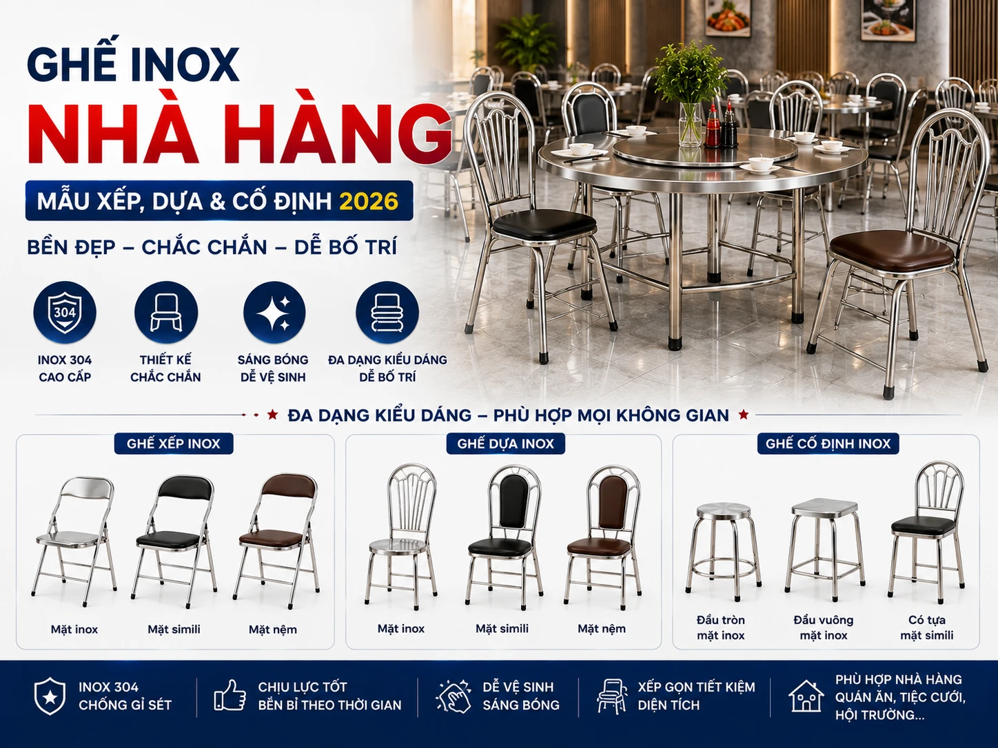 Các mẫu ghế inox nhà hàng dạng đẩu, xếp và có tựa