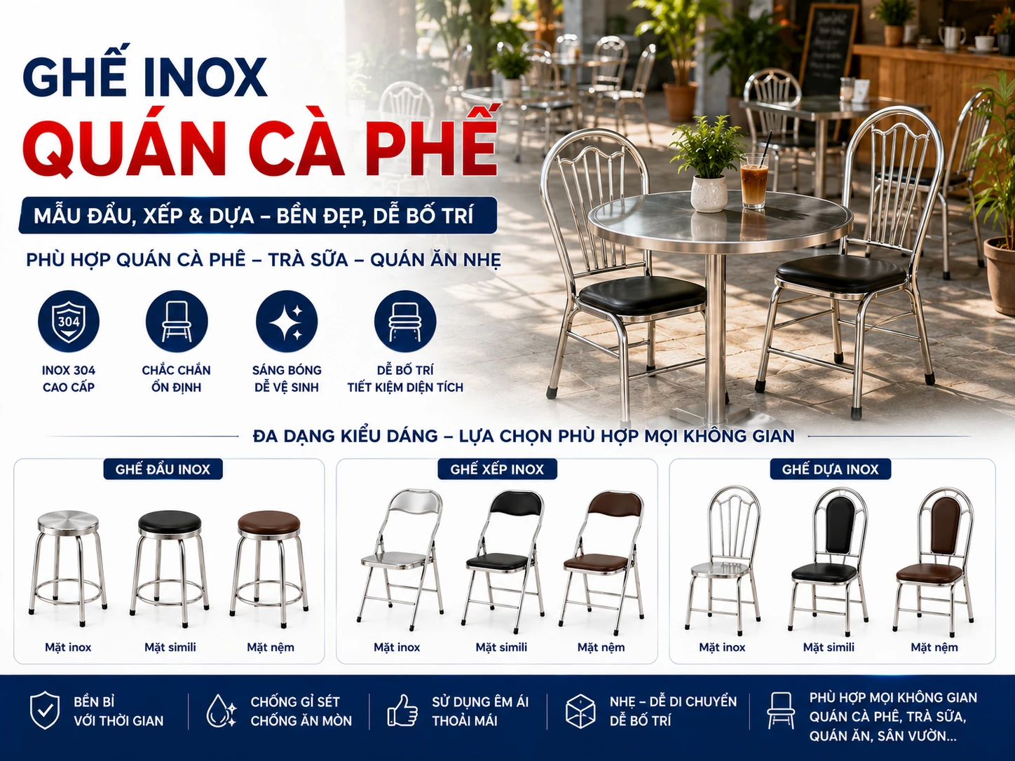 Ghế inox quán cà phê mẫu đẩu, xếp và có tựa