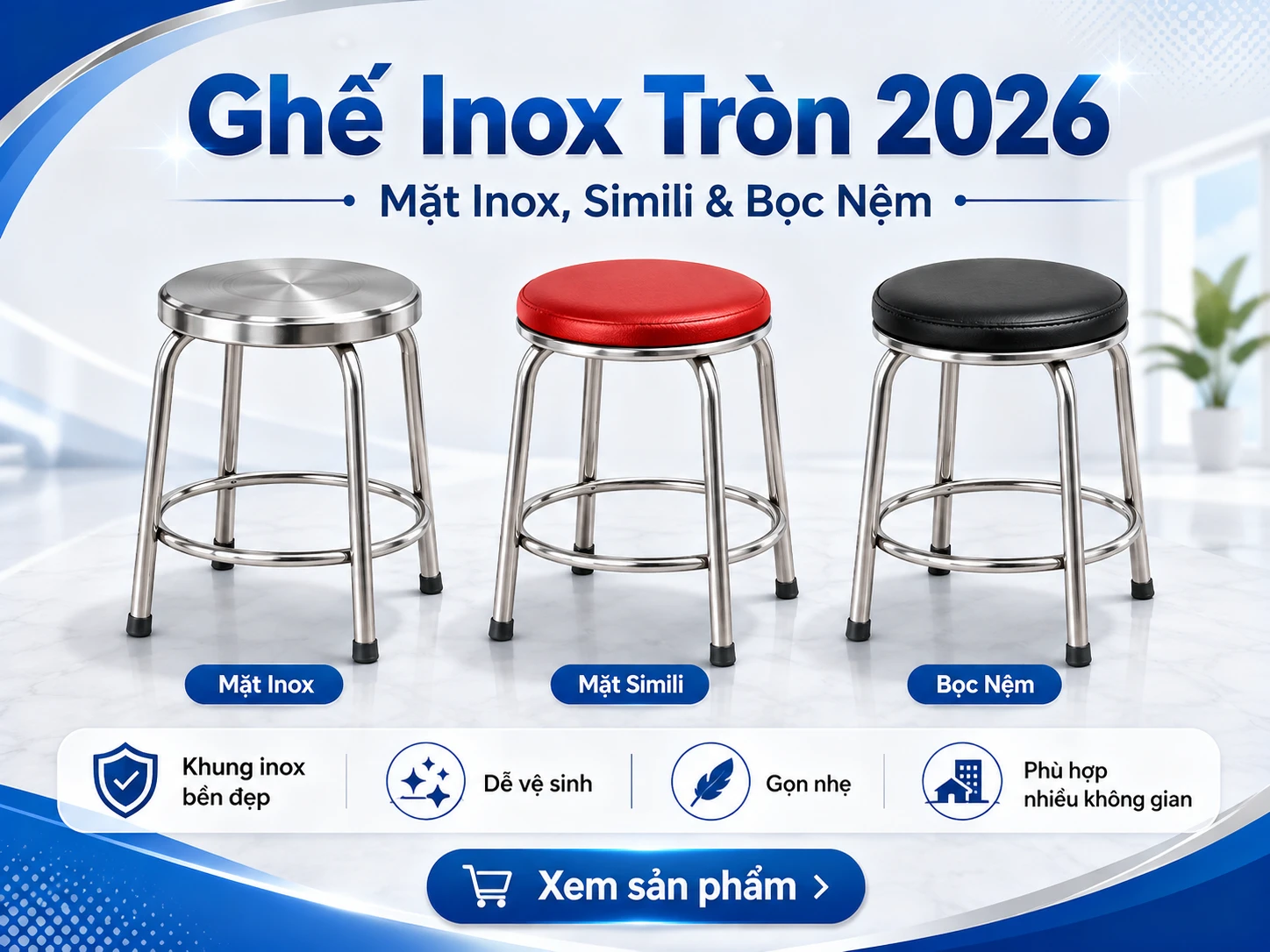 Ghế inox tròn mặt inox và mặt simili