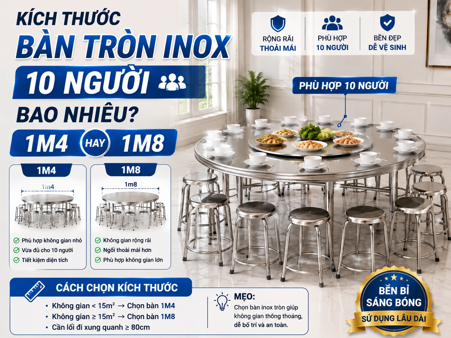Kích thước bàn tròn inox 10 người và cách bố trí 10 ghế