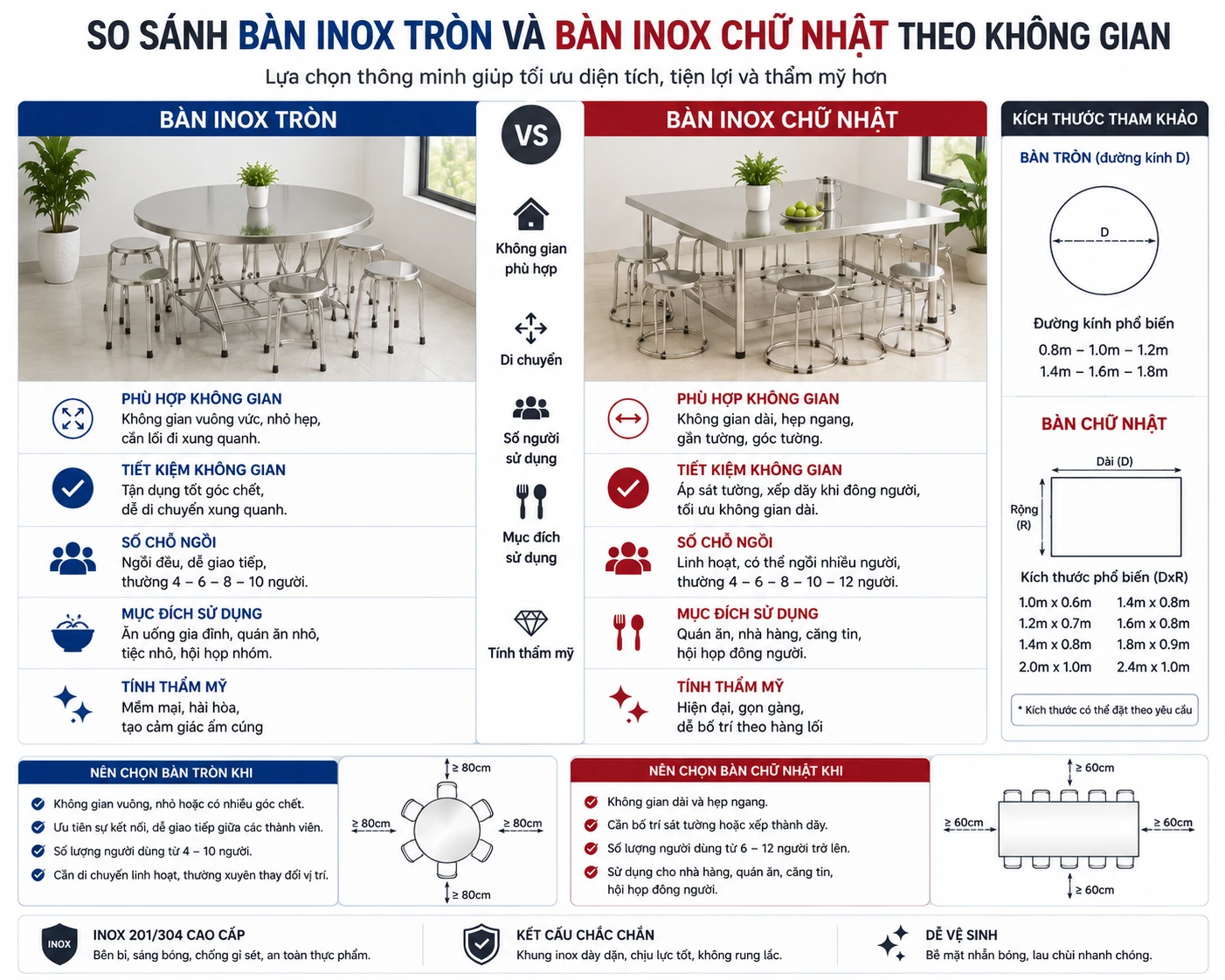 So sánh bàn inox tròn và bàn inox chữ nhật theo không gian