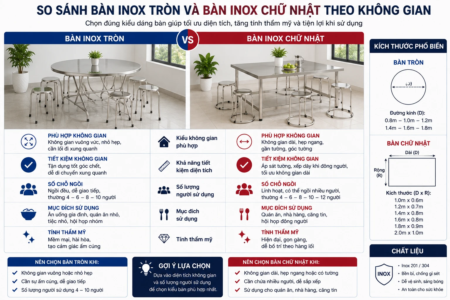 So sánh bàn inox tròn và bàn inox chữ nhật theo không gian
