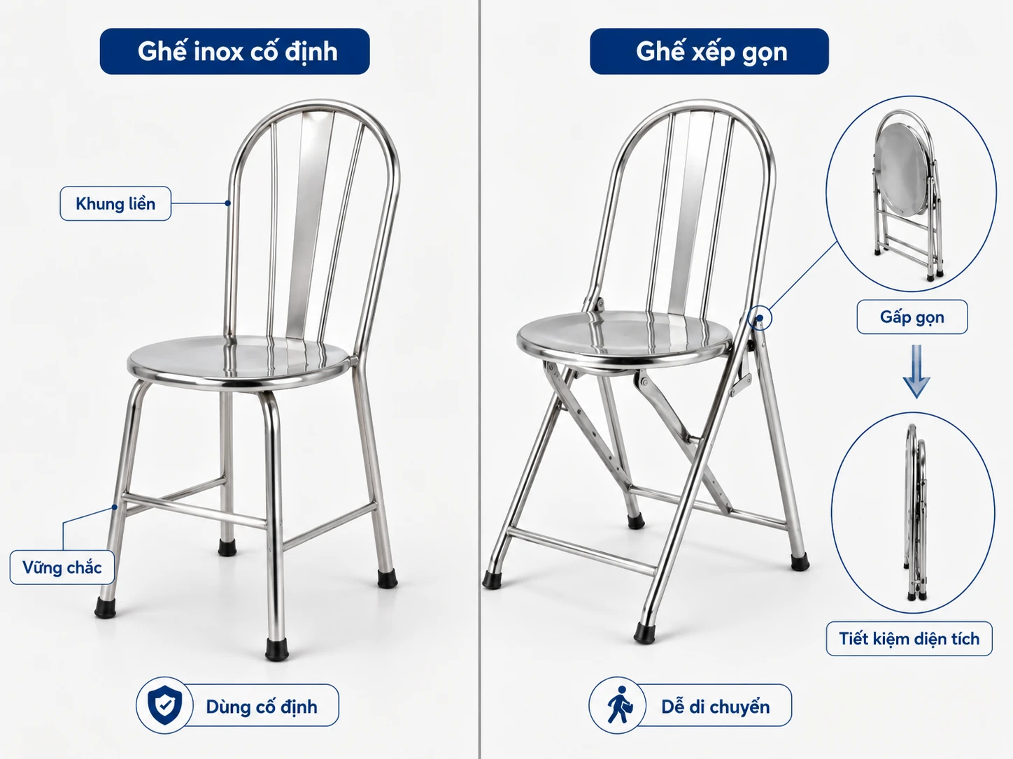 Ghế ngồi inox gấp gọn và ghế inox cố định