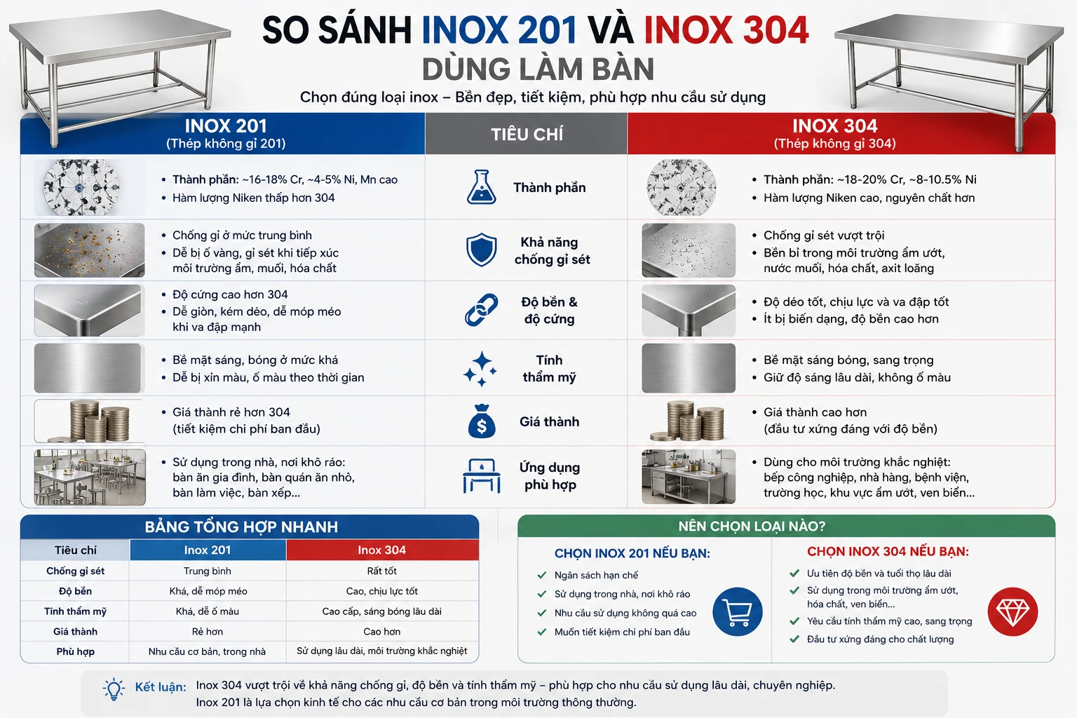 So sánh inox 201 và inox 304 dùng làm bàn