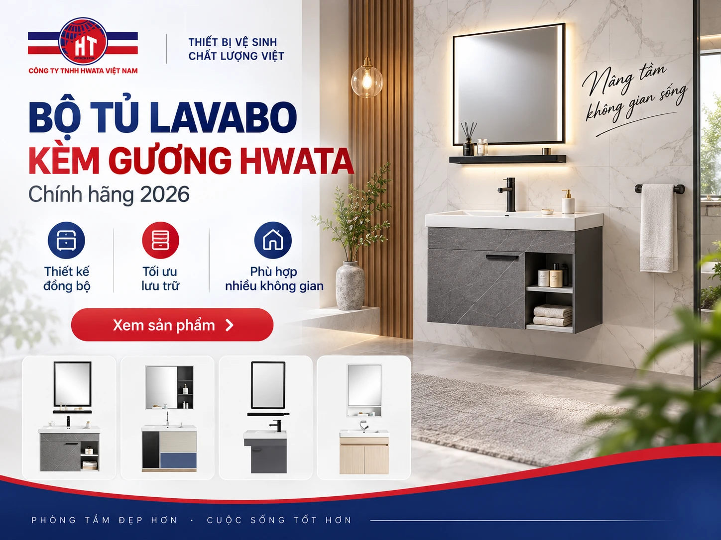 bộ tủ lavabo kèm gương HWATA cho phòng tắm