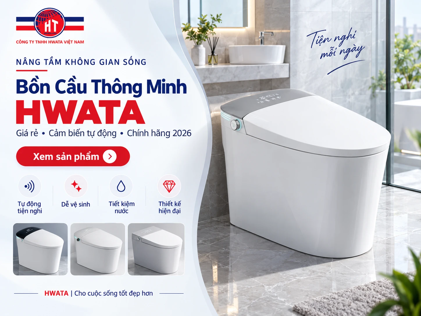 bồn cầu thông minh giá rẻ HWATA cảm biến tự động 2026