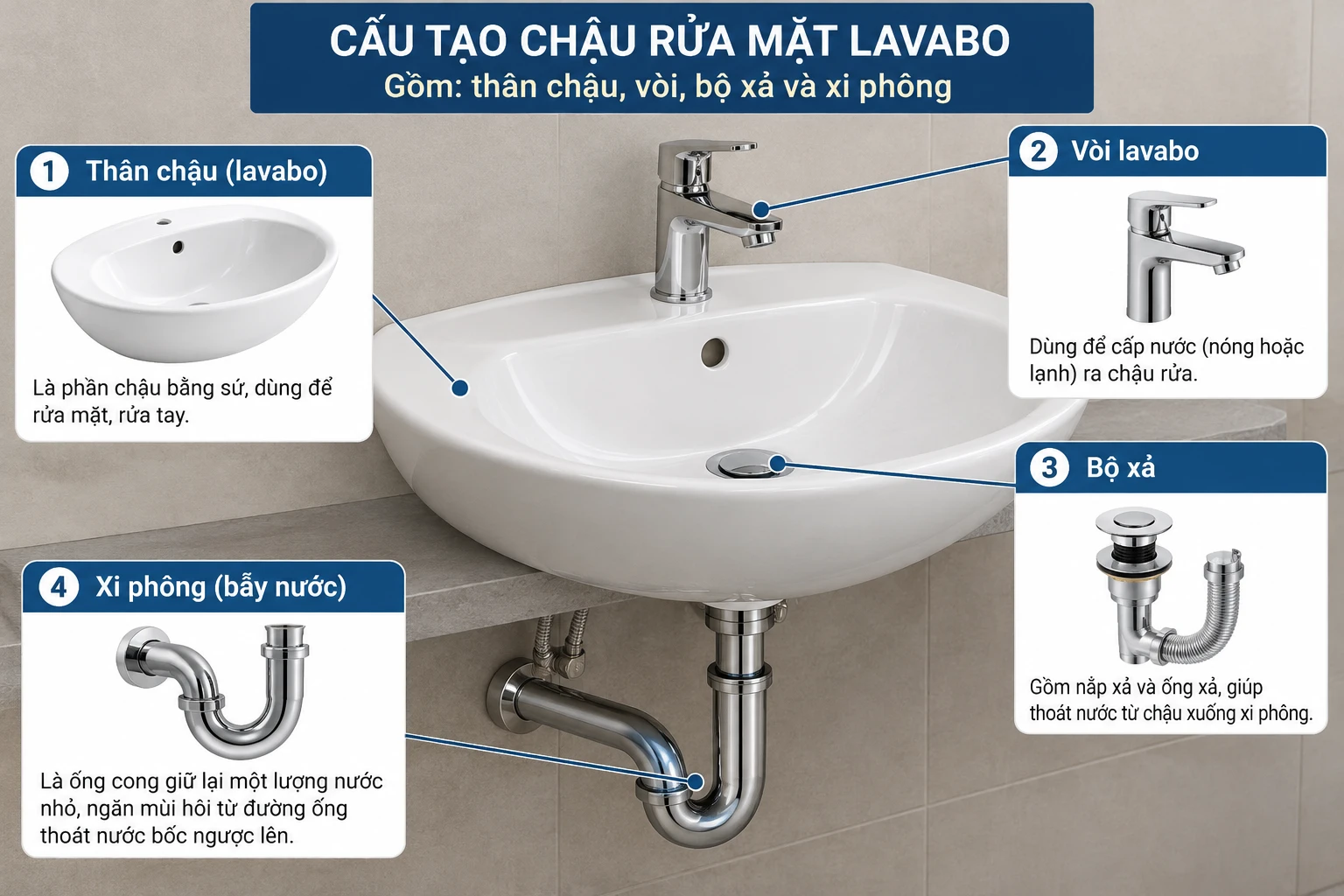 Cấu tạo chậu rửa mặt lavabo gồm thân chậu vòi bộ xả và xi phông