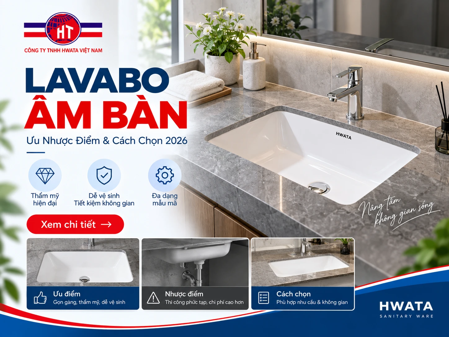 lavabo âm bàn HWATA lắp dưới mặt đá phòng tắm