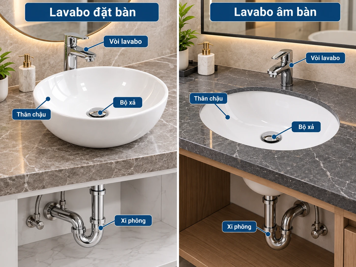 Lavabo đặt bàn và lavabo âm bàn