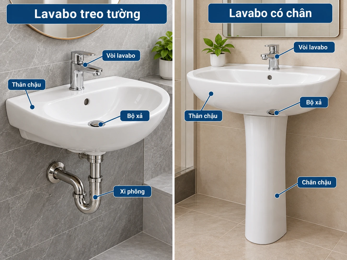 Lavabo treo tường và lavabo có chân
