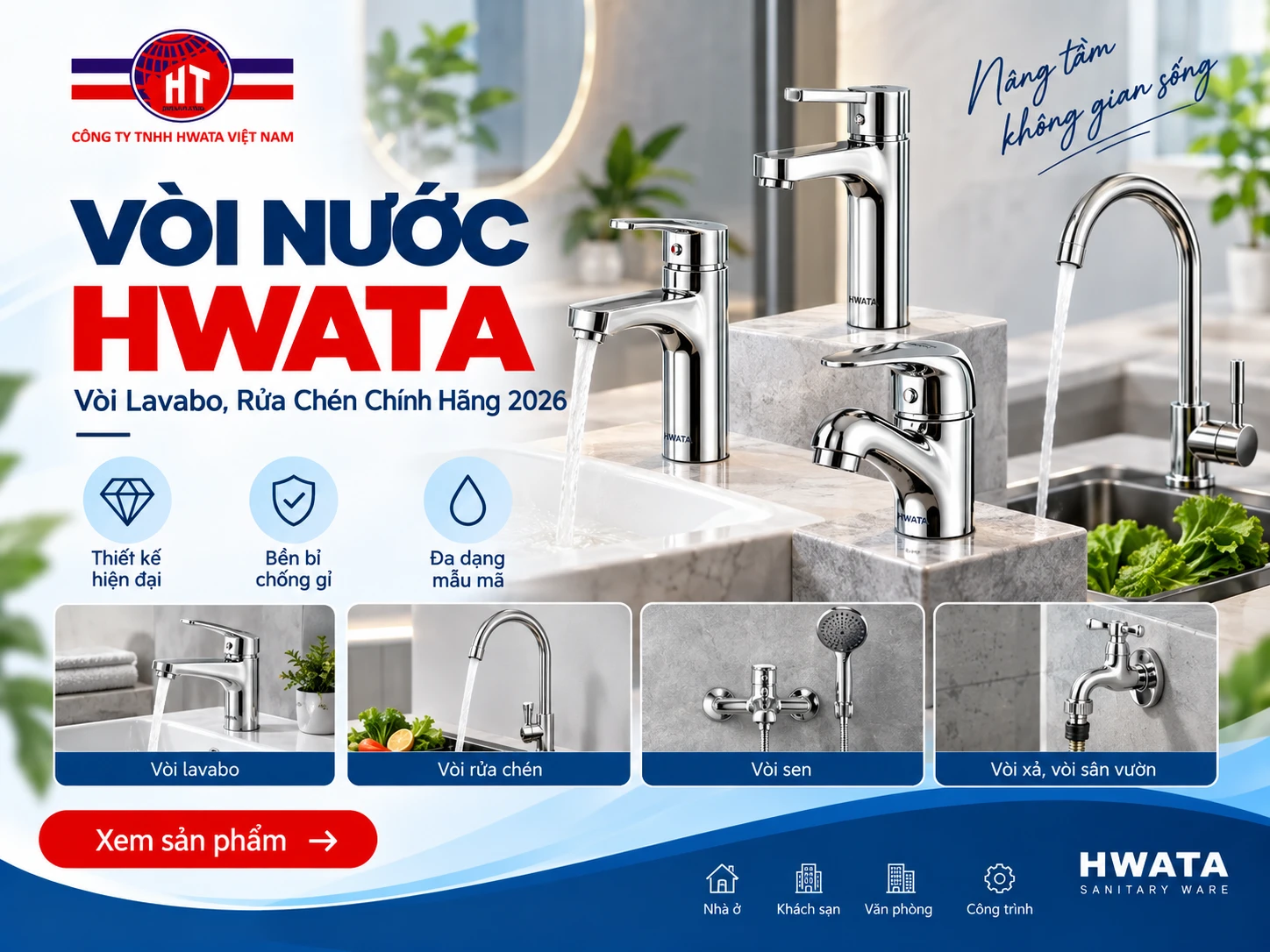 vòi nước HWATA gồm vòi lavabo vòi rửa chén nóng lạnh và inox 304