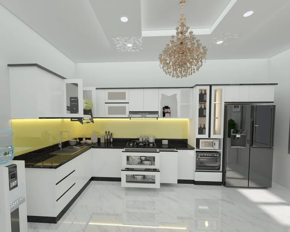 Minh họa cấu tạo tủ bếp inox gồm khung thùng cánh Acrylic và phụ kiện