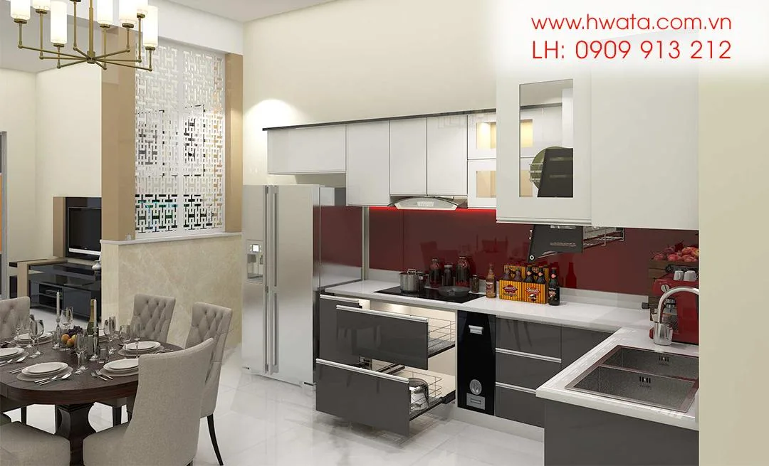 Minh họa tủ bếp inox chữ I trong chung cư và tủ chữ L trong nhà phố tại TPHCM