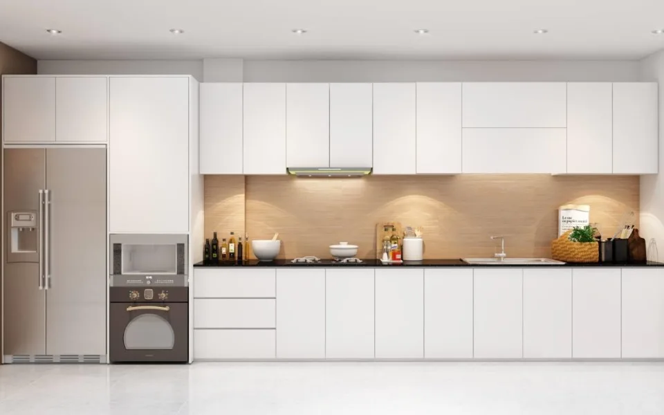 Minh họa kiểm tra khe cánh bản lề mặt tủ và phụ kiện khi nghiệm thu tủ bếp inox