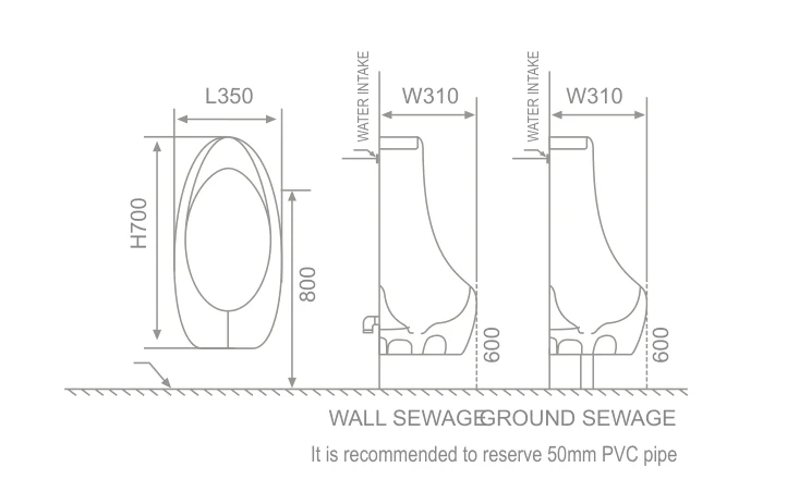 Bản vẽ kỹ thuật bồn tiểu nam đứng treo HWATA HT-6605 kích thước 350 x 310 x 700 mm, minh họa thoát nước qua tường và thoát sàn PVC 50 mm