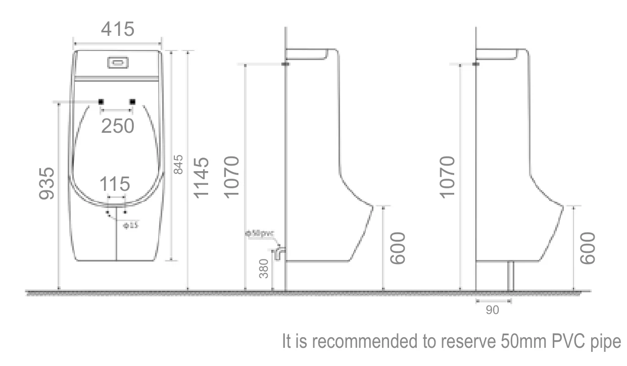 Bản vẽ kích thước và lắp đặt bồn tiểu nam HWATA HT-6670 Bản vẽ kỹ thuật bồn tiểu nam đứng treo HWATA HT-6670 với hình chiếu, kích thước thân 415 x 365 x 845 mm và sơ đồ cấp thoát nước