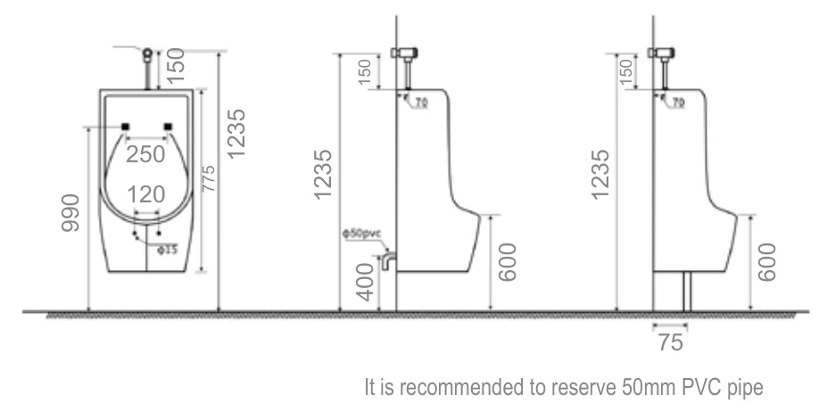 Bản vẽ kỹ thuật bồn tiểu nam đứng treo HWATA HT-6671 thể hiện kích thước và sơ đồ lắp đặt đường nước