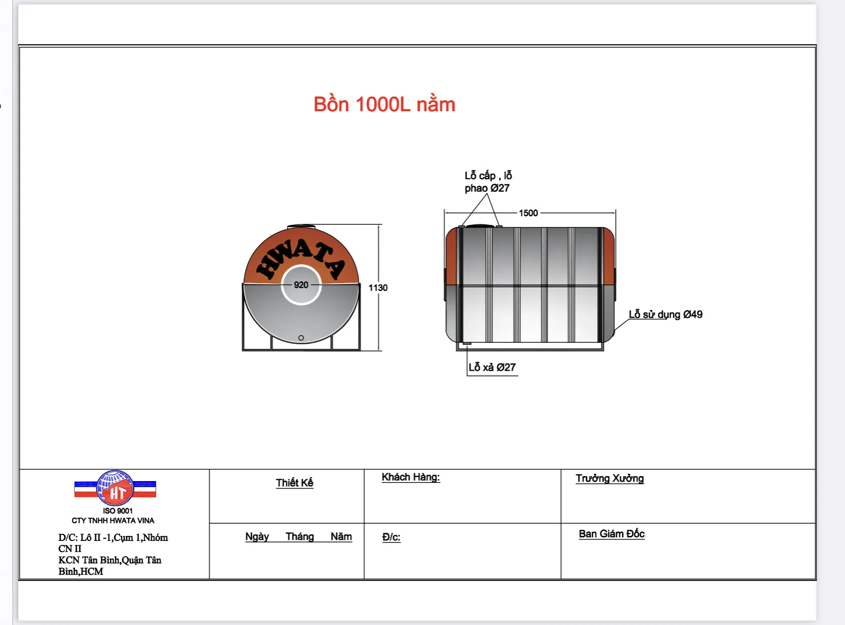 Bản vẽ kỹ thuật Bồn Nước Inox Hwata 1000L Ngang H1000N kích thước 1500 x 920 x 1130 mm