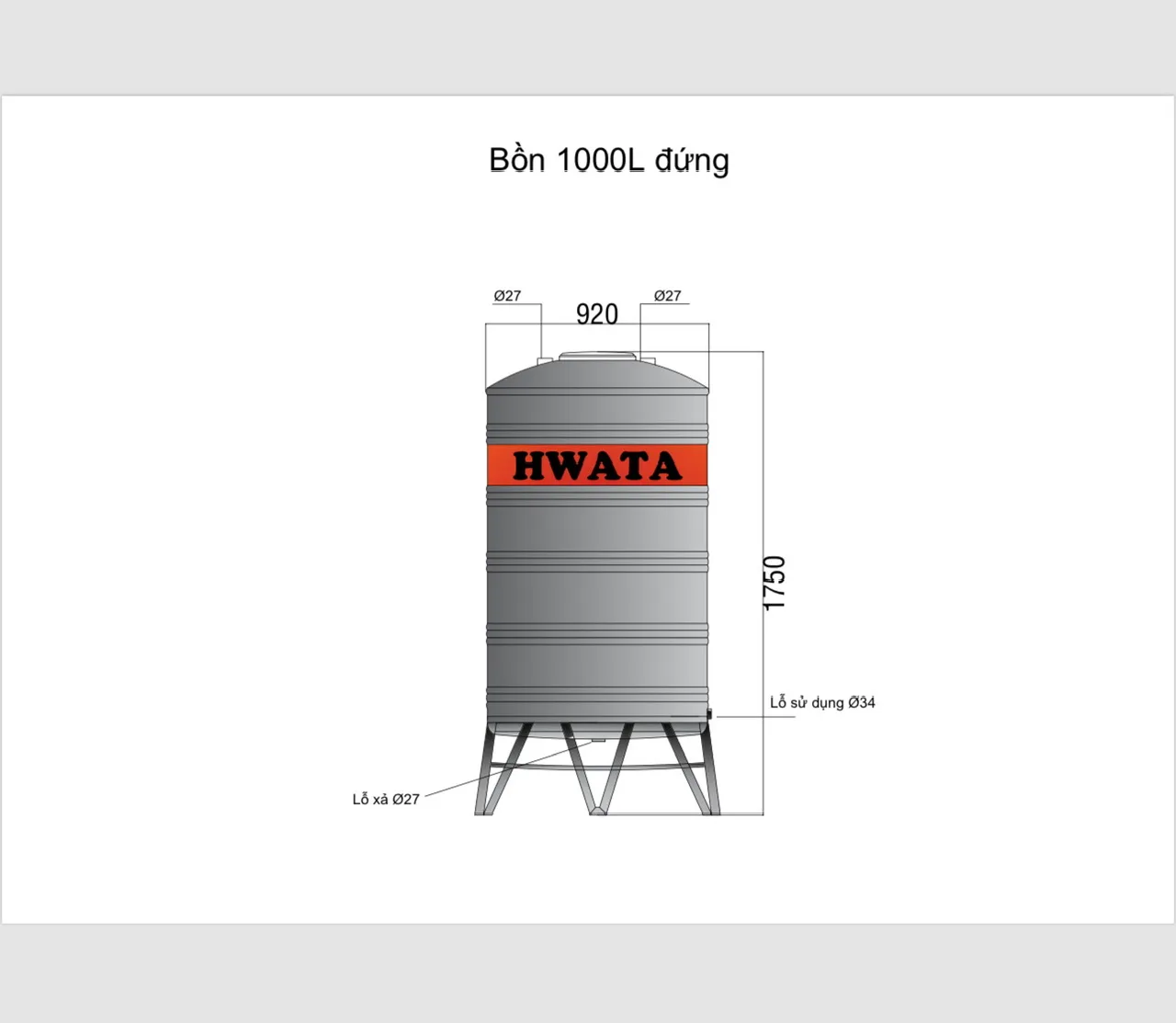 Bản vẽ kỹ thuật Bồn Nước Inox Hwata 1000L Đứng H1000D Bản vẽ kỹ thuật Bồn Nước Inox Hwata 1000L Đứng H1000D rộng 920 mm cao 1750 mm
