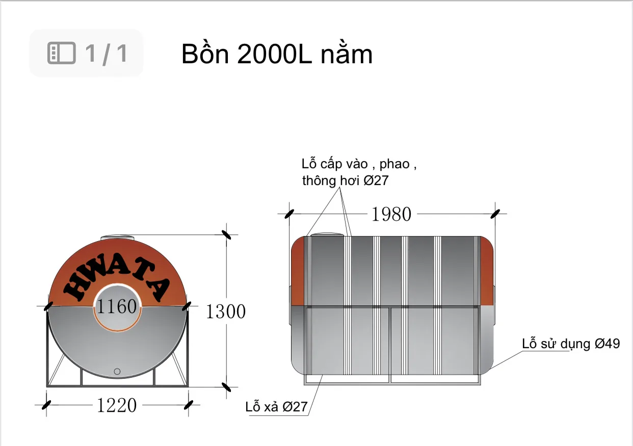 Bản vẽ kỹ thuật Bồn Nước Inox Hwata 2000L Ngang H2000N Bản vẽ kỹ thuật Bồn Nước Inox Hwata 2000L Ngang H2000N kích thước 1980 x 1220 x 1300 mm