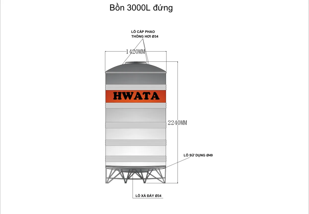 Bản vẽ kỹ thuật Bồn Nước Inox Hwata 3000L Đứng H3000D Bản vẽ kỹ thuật Bồn Nước Inox Hwata 3000L Đứng H3000D đường kính 1420 mm cao 2240 mm