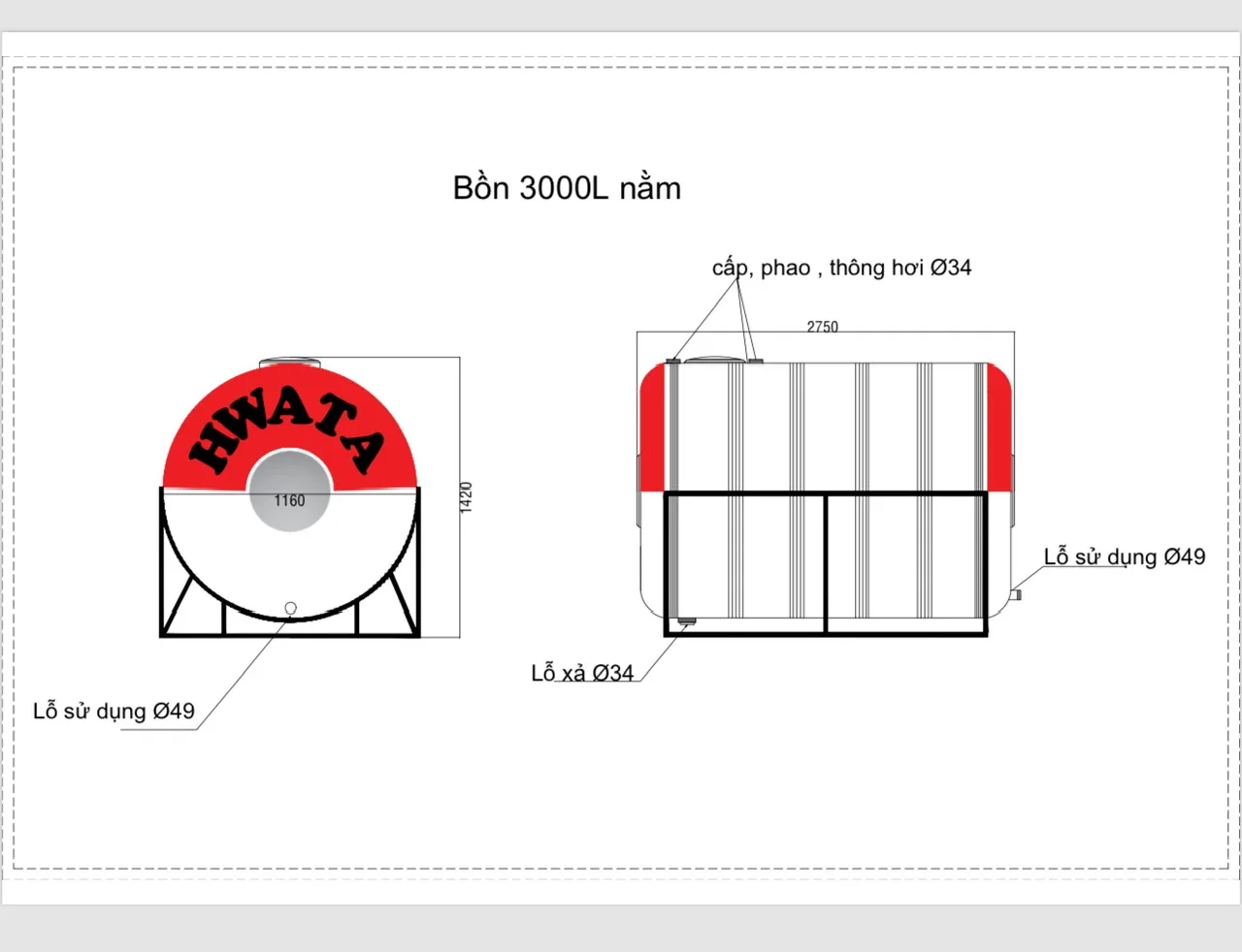 Bản vẽ kỹ thuật Bồn Nước Inox Hwata 3000L Ngang H3000N Bản vẽ kỹ thuật Bồn Nước Inox Hwata 3000L Ngang H3000N