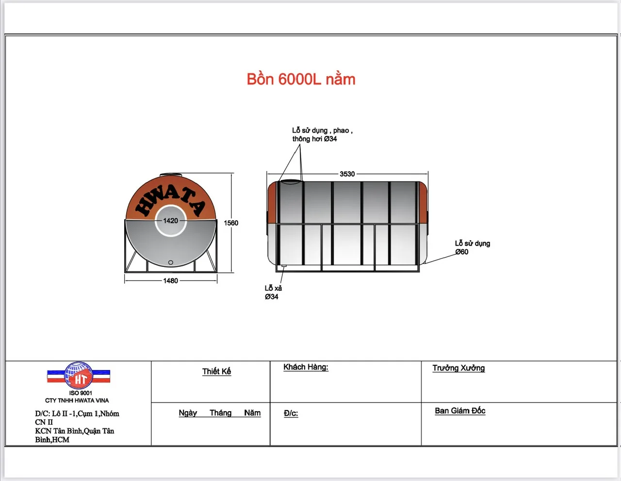 Bản vẽ kỹ thuật Bồn Nước Inox Hwata 6000L Ngang H6000N