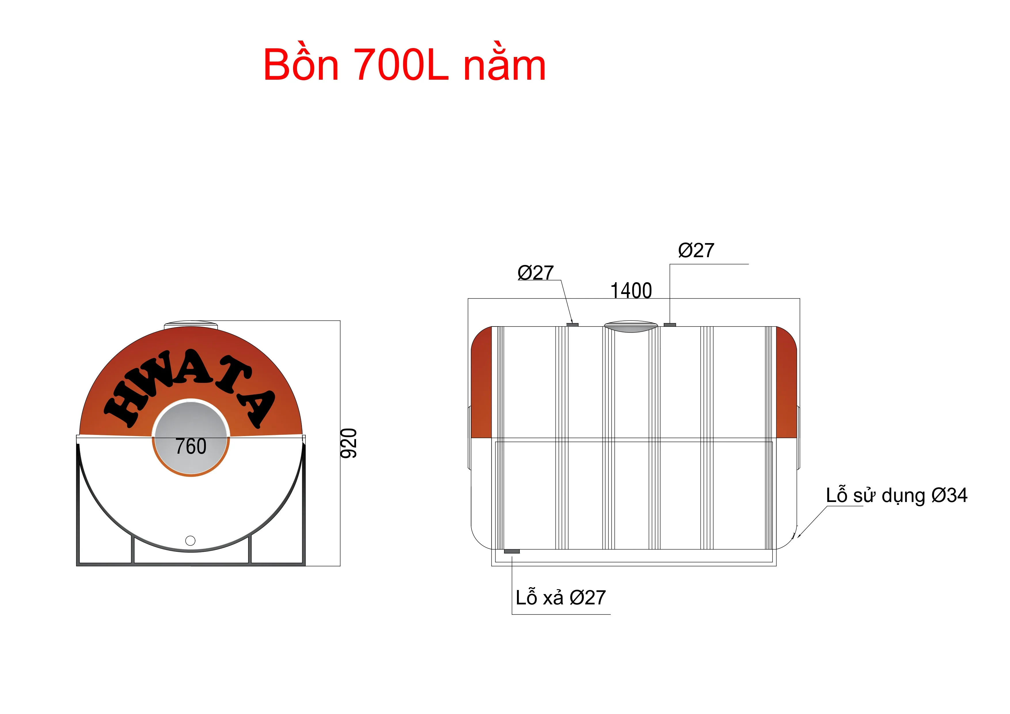 Bản vẽ kỹ thuật Bồn Nước Inox Hwata 700L Ngang H700N kích thước 1400 x 760 x 920 mm