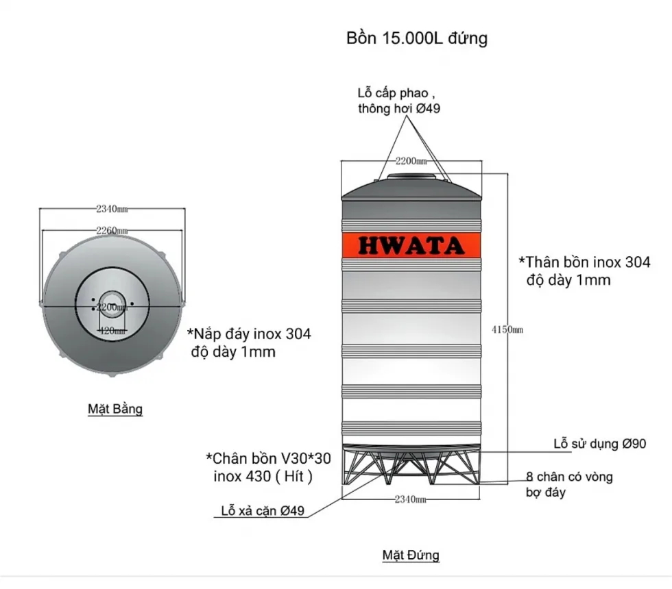 Bản vẽ kỹ thuật Bồn Nước Inox Hwata 15000L Đứng H15.000D Bản vẽ kỹ thuật Bồn Nước Inox Hwata 15000L Đứng H15.000D