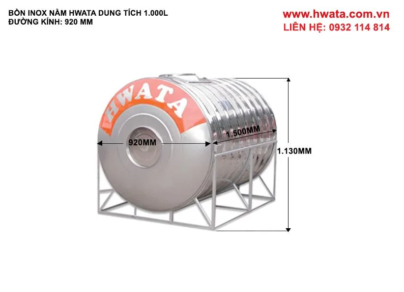 Kích thước bồn nước inox Hwata 1000 lít nằm