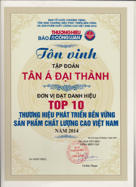 Chứng nhận sản phẩm bồn nhựa Tân Á Đại Thành